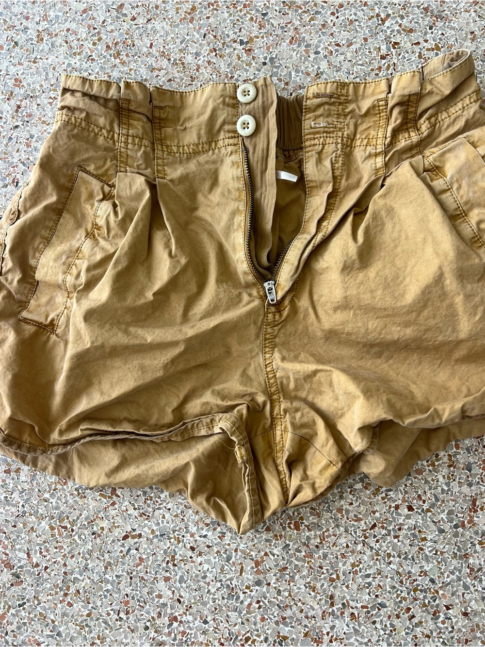 Free People High-Waist Button-Front Shorts in Mustard Tan
